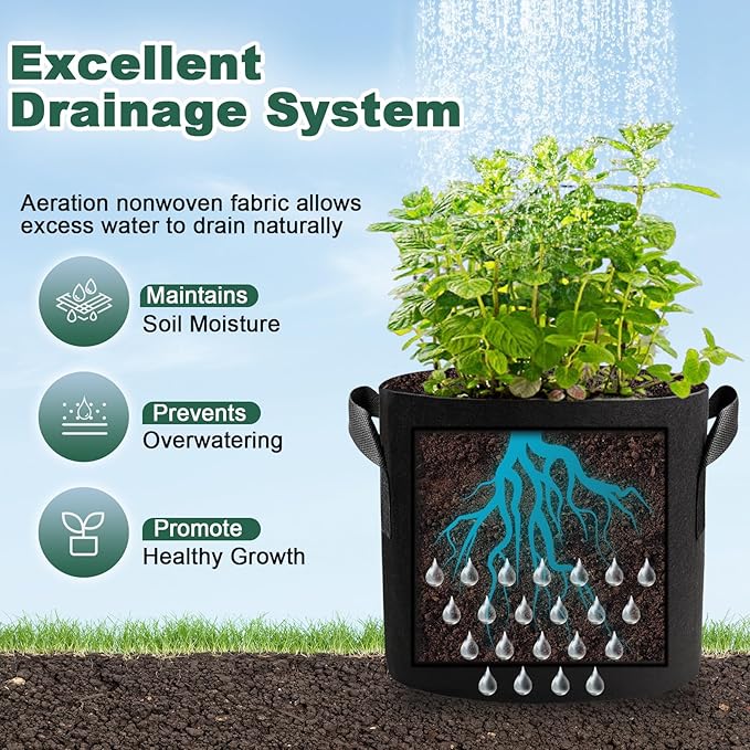 5 Pack 10 Gallon Thickened Grow Bags, Aeration Nonwoven Fabric Planting Bags - Image 4
