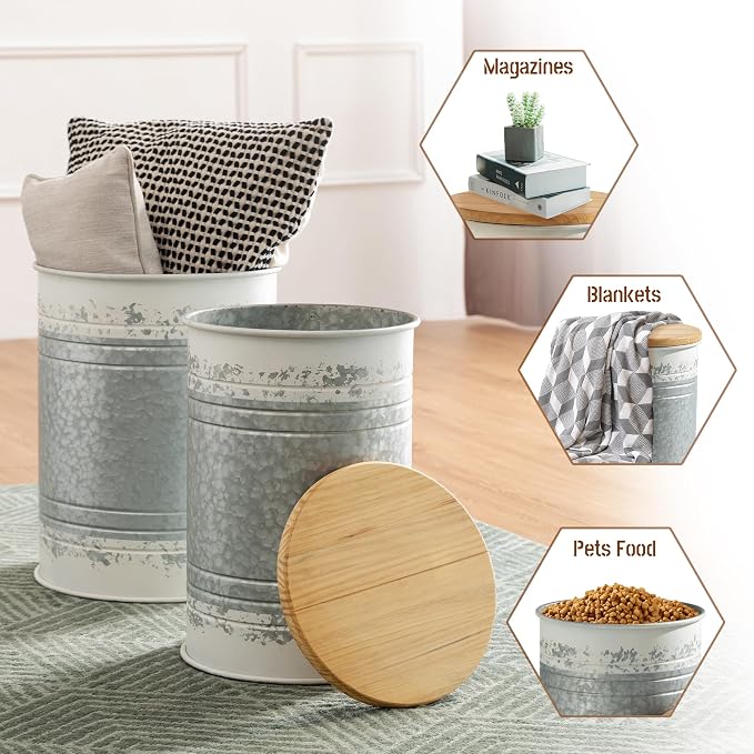 Glitzhome Rustic End Table Set of 2, Farmhouse Galvanized Metal Barrel Ottoman - Image 6