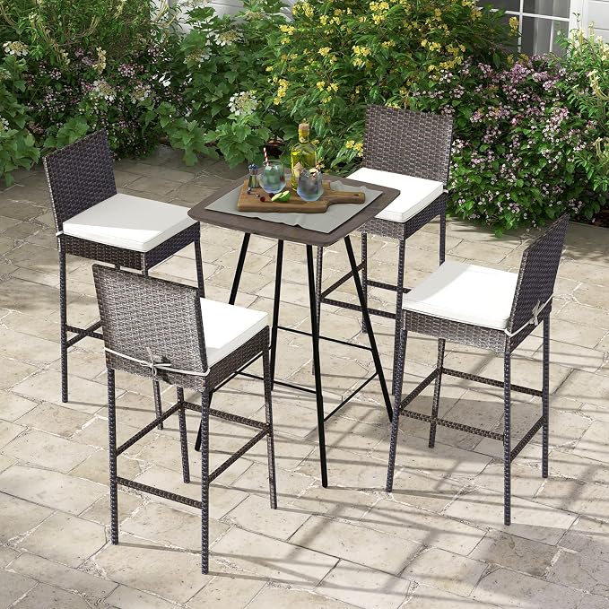 COSTWAY Outdoor Wicker Bar Stools Set of 4, Footrest and Backrest, Rattan - Image 2