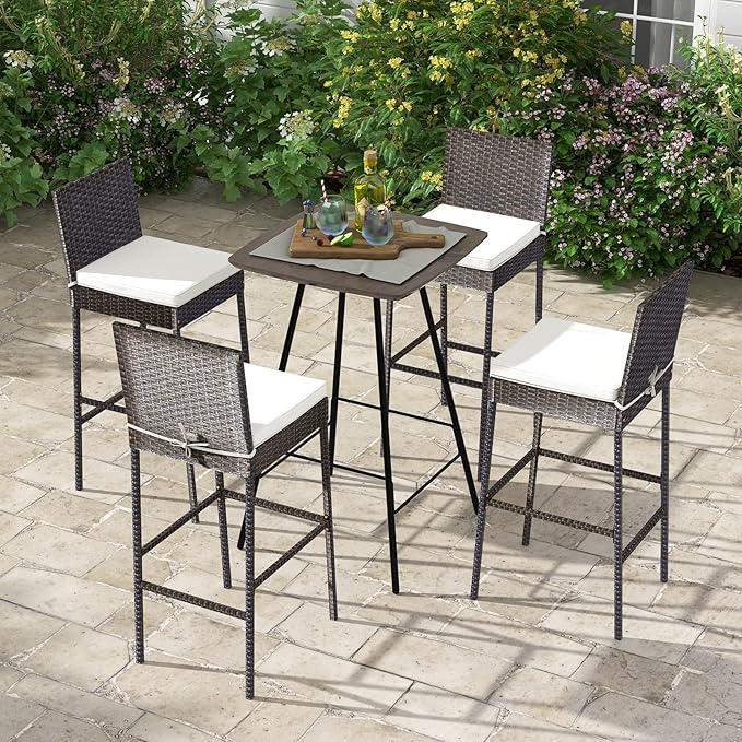 Tangkula Set of 2 Patio Wicker Barstools, Outdoor Bar Height Chair w/Soft Seat - Image 9