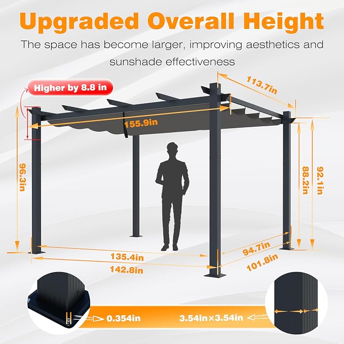 VEIKOU 13x10ft Pergola, Aluminum Pergola w/Thicker Post & Upgraded Retractable - Image 3