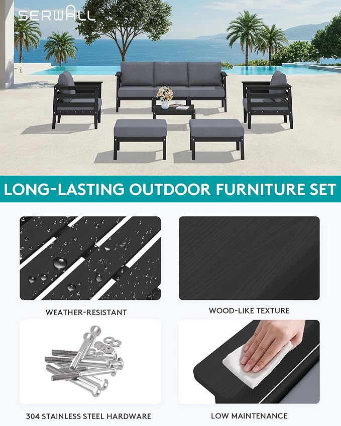 SERWALL HDPE Patio Furniture Set, 8 Pieces Composite Outdoor Furniture - Image 6