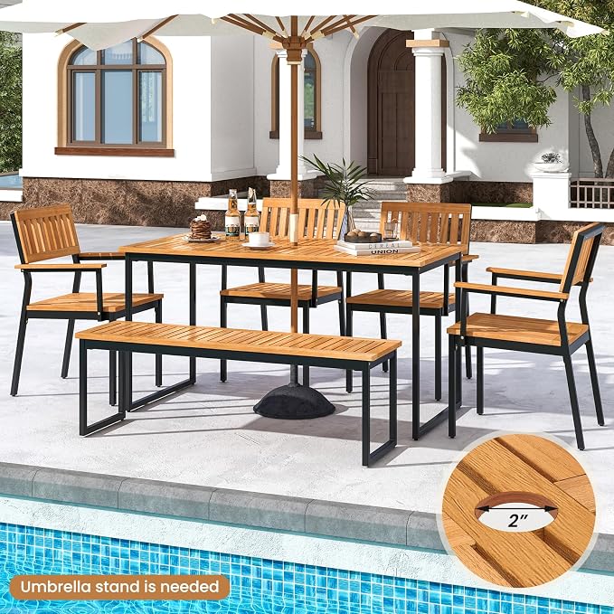 Tangkula 6 Pieces Outdoor Acacia Wood Dining Set, Patio Table and Chairs Set - Image 2