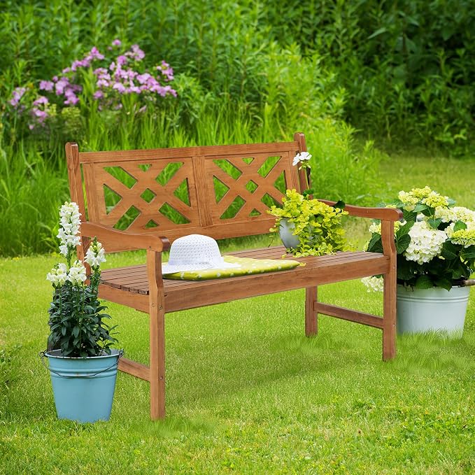 VINGLI 50" Outdoor Wood Bench, Weatehr Resistant Wooden Garden Patio Bench - Image 9