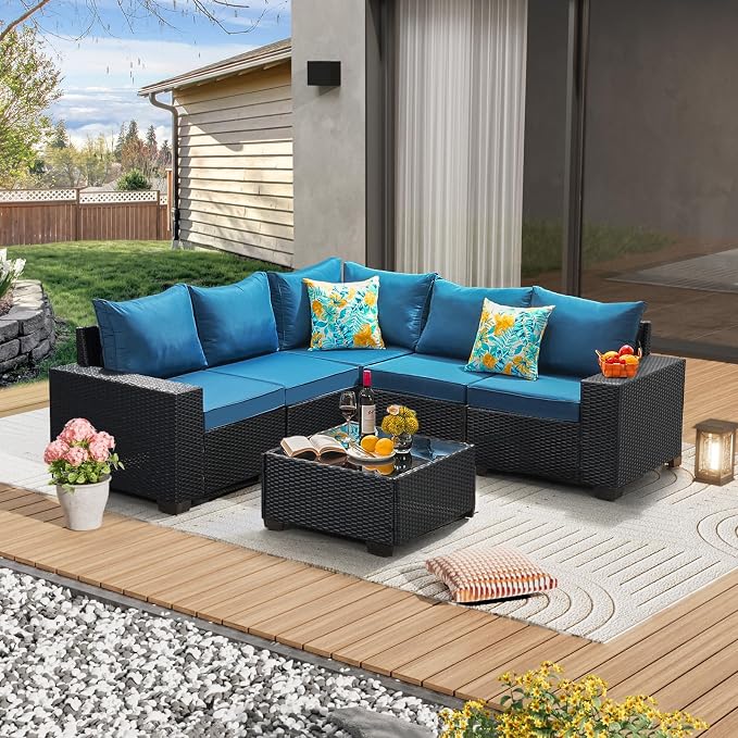 6 Pieces Patio Furniture Set All-Weather Outdoor Wicker Sectional Conversation by JOYURE