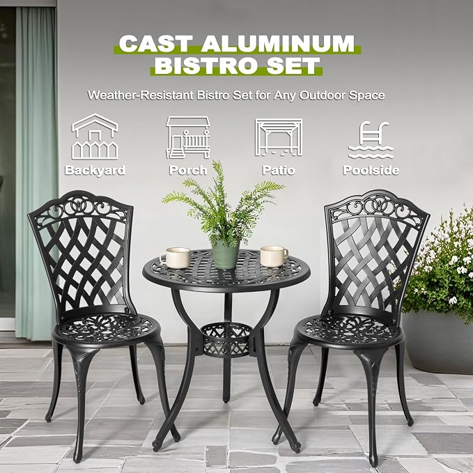 NUU GARDEN 3-Piece Patio Bistro Set Outdoor Cast Aluminum Bistro Table and - Image 6