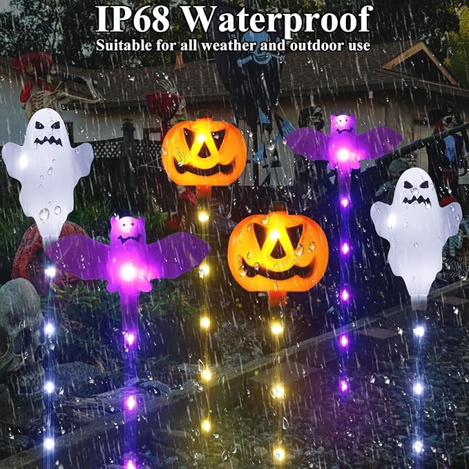 Halloween Decorations Outdoor Solar Pumpkin Bat Ghost Garden Stake Lights - Image 3