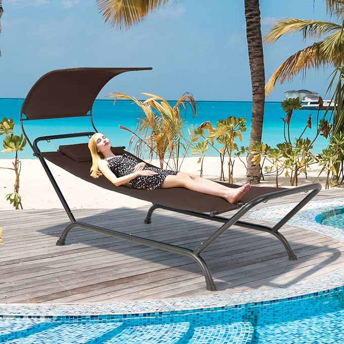 Giantex Hanging Hammock with Stand, Patio Hanging Chaise Lounge Chair w/Canopy - Image 2
