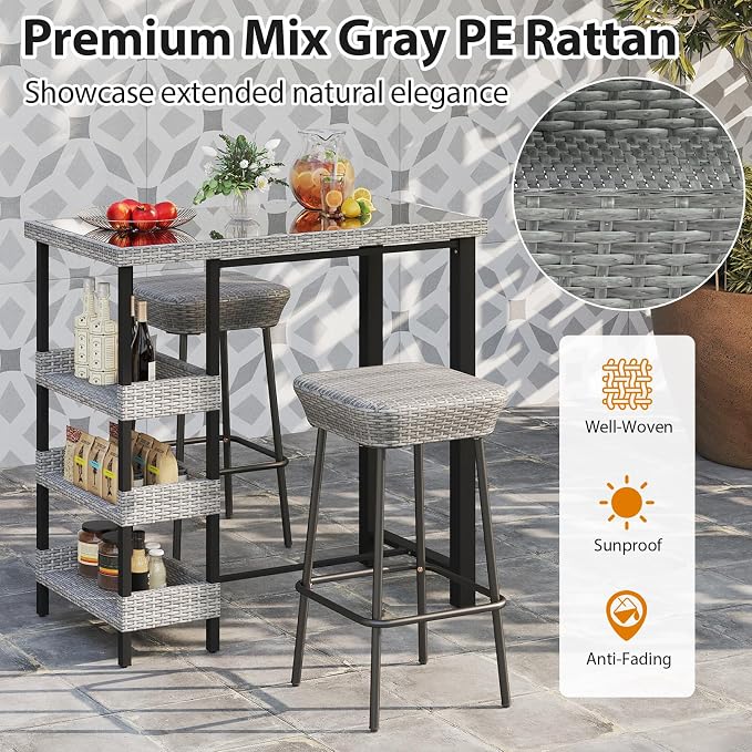 Tangkula 43.5” Outdoor Bar Table, Wicker Bar Height Dining Table w/Tempered - Image 5