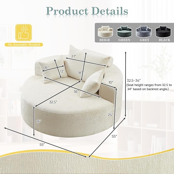 Oversized Round Chaise Longue Chair Indoor, Modern 55-inch Upholstered Chenille - Image 2