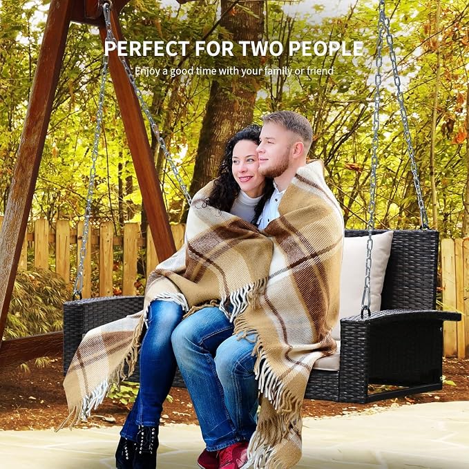 RELAX4LIFE 2-Seat Rattan Porch Swing, Wicker Outdoor Swings w/7.9 Ft Solid - Image 4