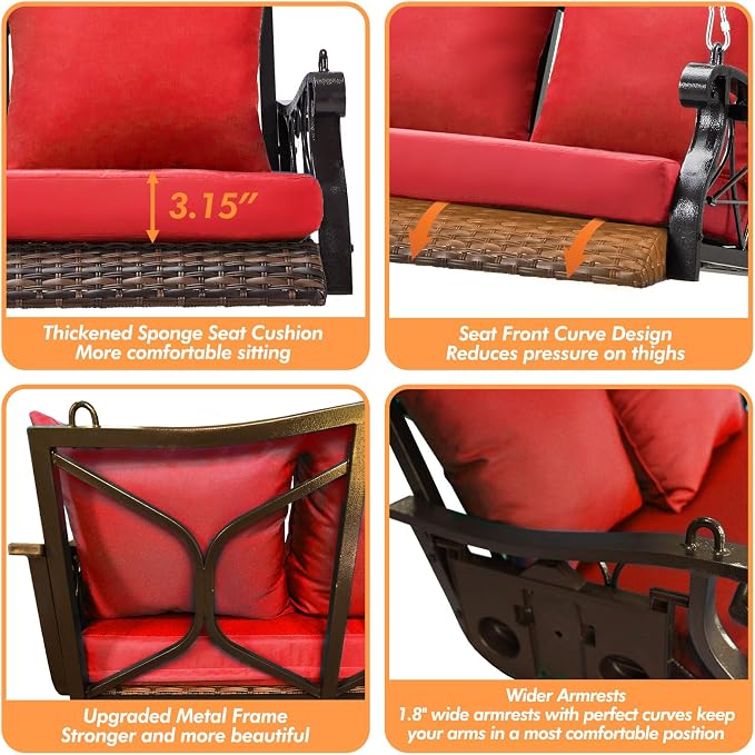 Heavy Duty 900 LBS Porch Swing Chair 3-Person Outdoor Rattan Patio Swing Lounge - Image 4