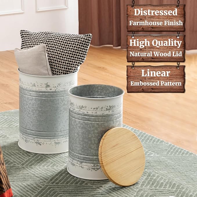 Glitzhome Rustic End Table Set of 2, Farmhouse Galvanized Metal Barrel Ottoman - Image 5