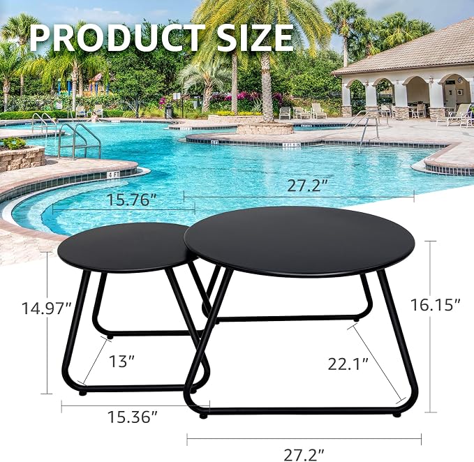 Patio Outdoor Coffee Table Set of 2, Weather Resistant Steel Round End Tables - Image 3