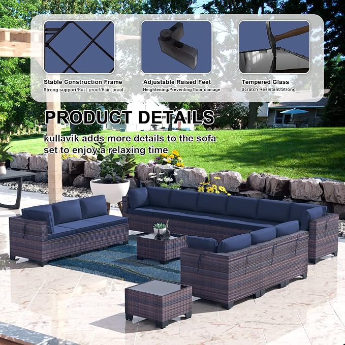 Kullavik 14 Pieces Outdoor Patio Furniture Set, Sectional Rattan Sofa Set Brown - Image 4