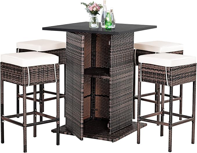 Tangkula 5 Piece Outdoor Rattan Bar Set, Patio Bar Furniture by TANGKULA