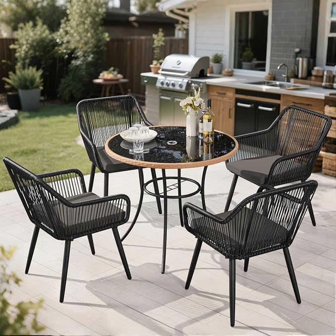 ECOTOUGE 5 Piece Patio Dining Set, Wicker Outdoor Furniture Set w/Glass Table by ECOTOUGE