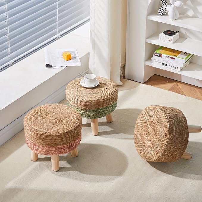 Wimarsbon Round Foot Stool Natural Seagrass Poufs Ottoman Hand Weave Footrest - Image 7