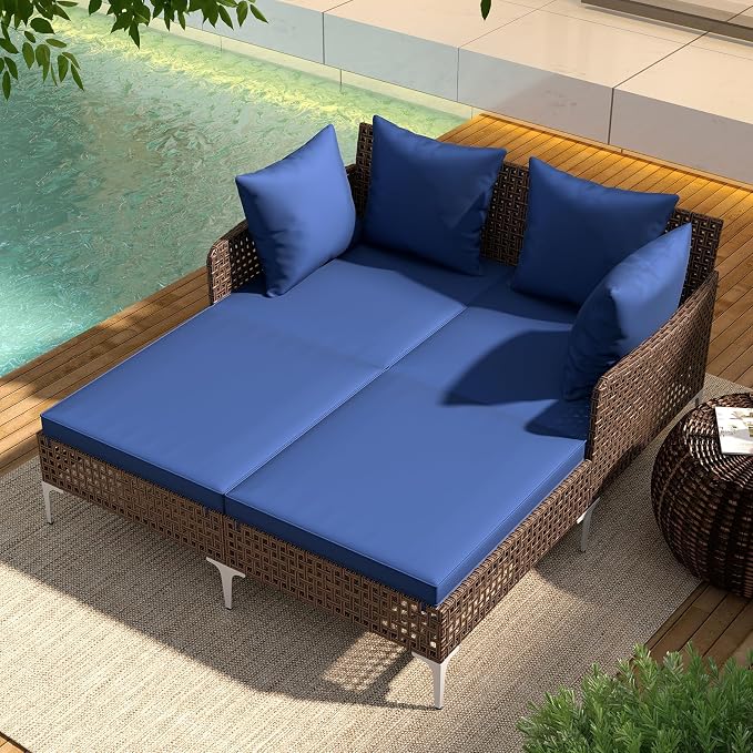 Tangkula Outdoor Rattan Double Daybed, Boho Wicker Chaise Lounge - Image 3