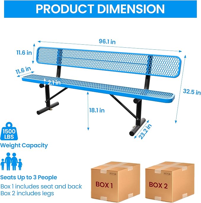 8 FT Steel Park Bench for Outside, Outdoor Bench - Image 2