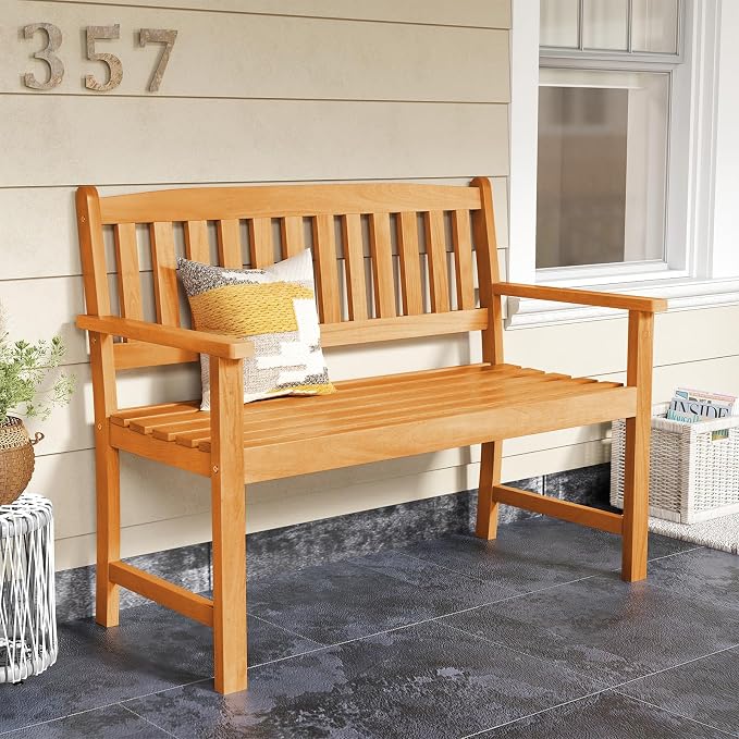 COSTWAY Wooden Bench Outdoor, Sturdy Outdoor Acacia Wood Bench - Image 3