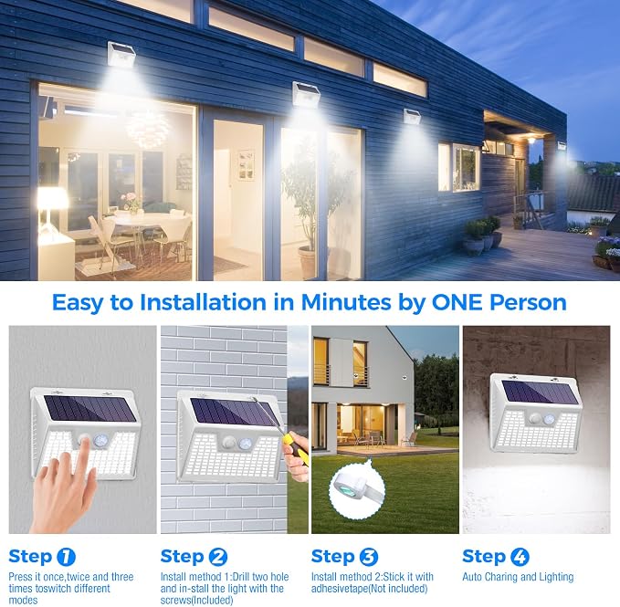 Peasur White Solar Lights Outdoor Waterproof, 3 Modes Security Wall Lights - Image 8
