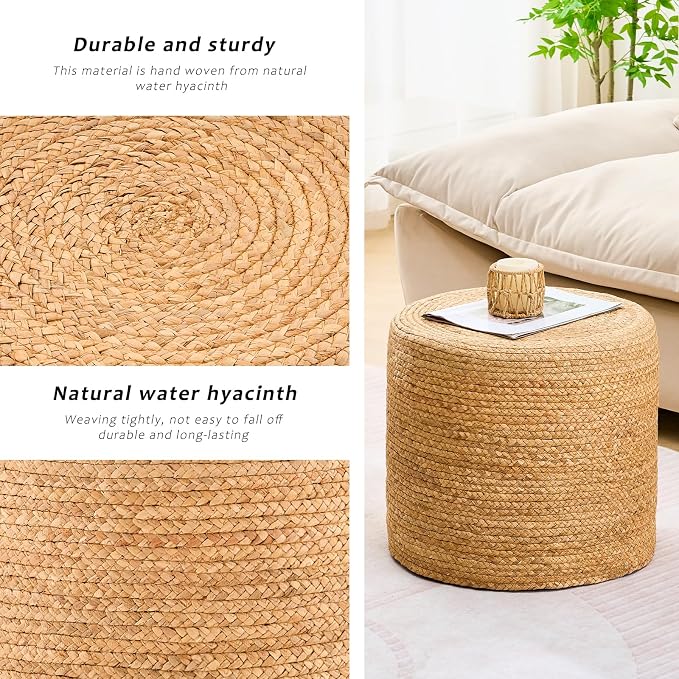 Handwoven Ottoman Pouf, Natural Water Hyacinth Footstool, Round Braided Outdoor - Image 5