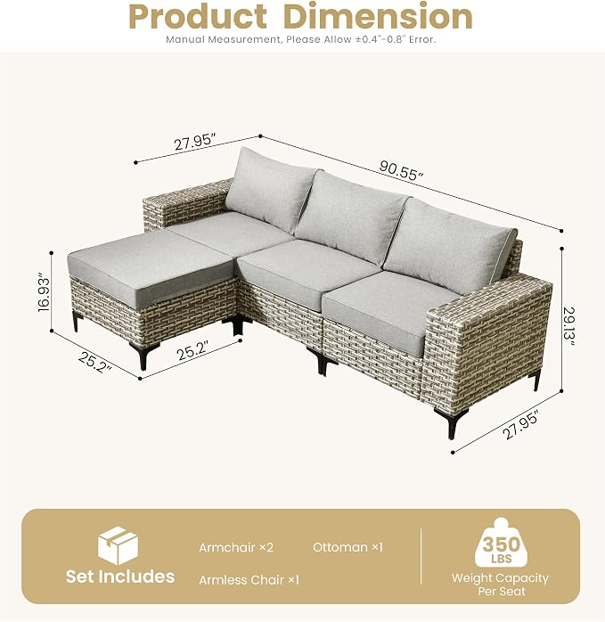 HOOOWOOO Outdoor Sectional Furniture Set, 4 Pieces Wicker Patio Conversation - Image 6