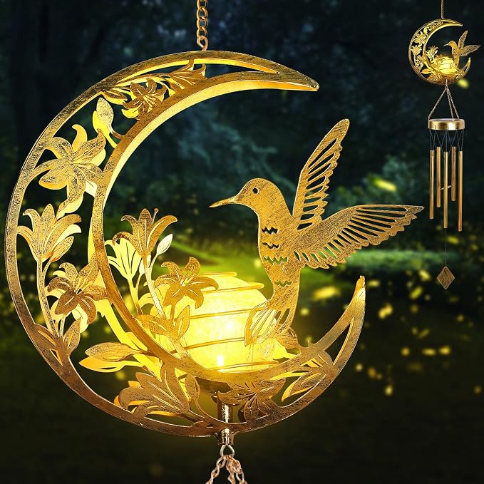 Moon Hummingbird Wind Chime Outdoor, Handcrafted Metal Garden Wind Chimes by ShangTianFeng