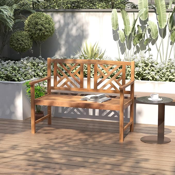 HAPPYGRILL Outdoor Wood Bench, 2-Seat Acacia Wood Loveseat Chair w/Slatted Seat - Image 4