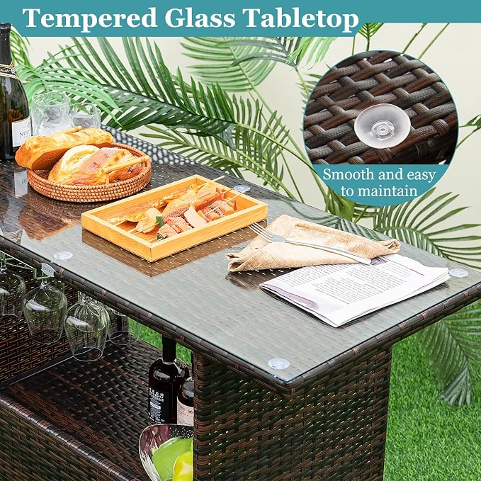 Tangkula Outdoor Bar Set, 3 Pieces Patio Wicker Bar Height Table and Chair Set - Image 6