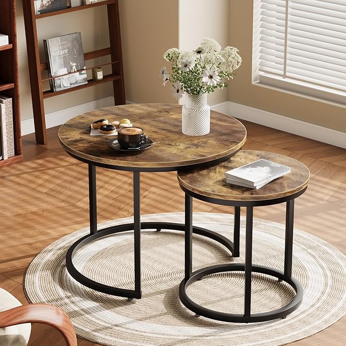 Smuxee Nesting Coffee Table Set of 2, 23.6" Round Coffee Table Rustic Wood Top - Image 3