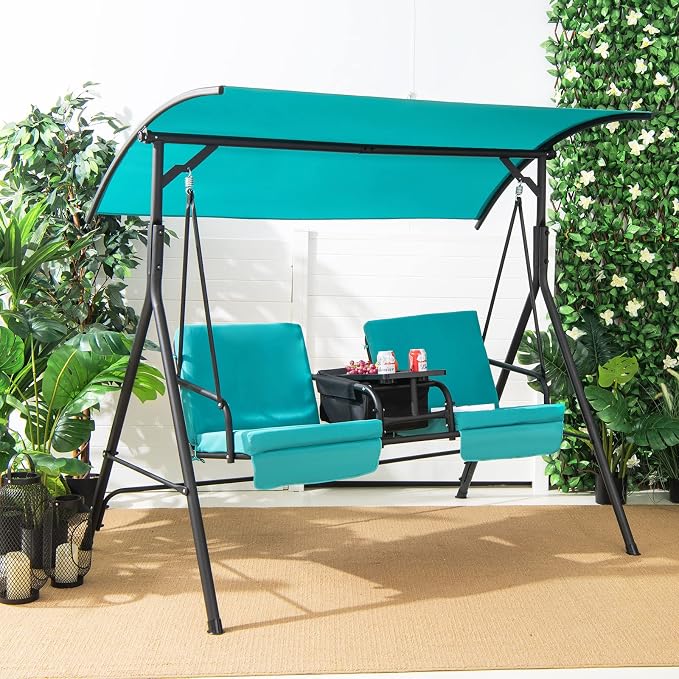 Tangkula 2 Person Porch Swing, Pivot Storage Table, Cooler Bag, 2 Cup Holders - Image 2
