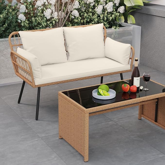 Tangkula Patio Wicker Loveseat, Outdoor Rattan 2-Seat Cushioned Sofa - Image 5