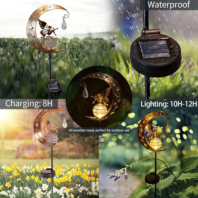LICKLIP Moon & Fairy Garden Solar Stake Light Outdoor, Crackle Glass Globe - Image 4