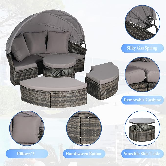Merax 5 Pieces Outdoor Patio Round Daybed Furniture, All-Weather Wicker - Image 5