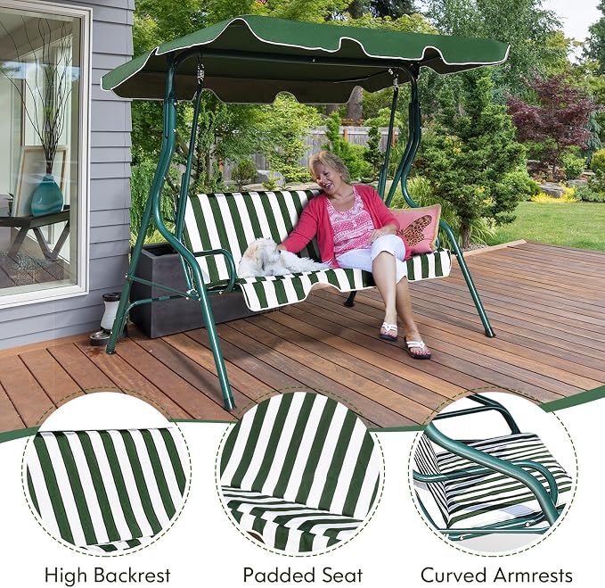 Porch Swing Outdoor, 3 Person Patio Swing w/Removable Cushion, Stand & - Image 5