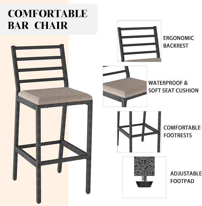 3Pcs Outdoor Patio Bar Set, Metal Bar Table and Chairs Set - Image 4