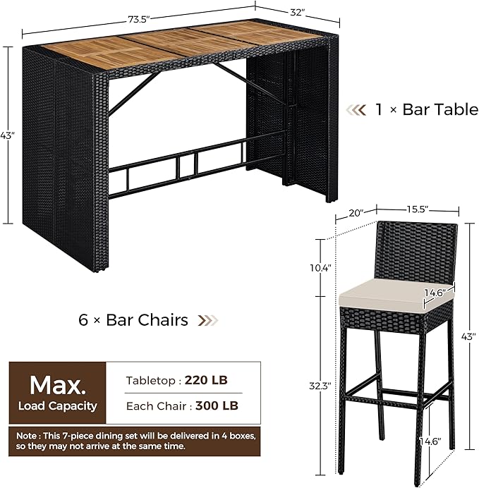 Topeakmart Outdoor Wicker Bar Table and Chairs Set, 7-Piece Patio Rattan Dining - Image 3