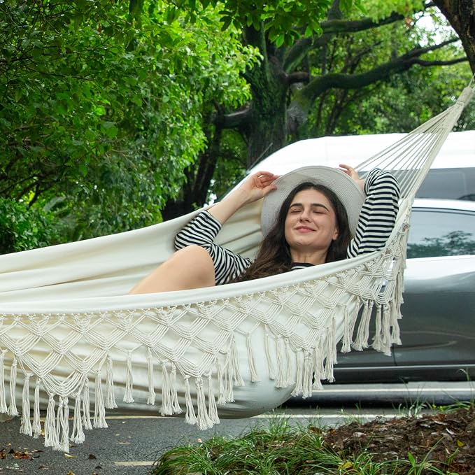 Double Boho Macrame Hammock Cotton Canvas Portable Replacement Hammock 440lbs - Image 6