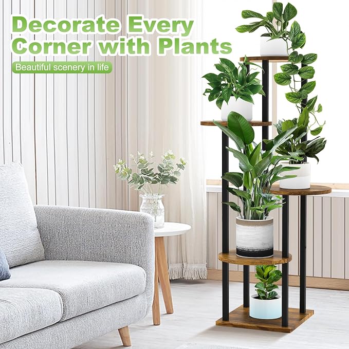 5 Tier Wood Tall Plant Stand Metal Rack Indoor, Round Planter Shelf Display - Image 4