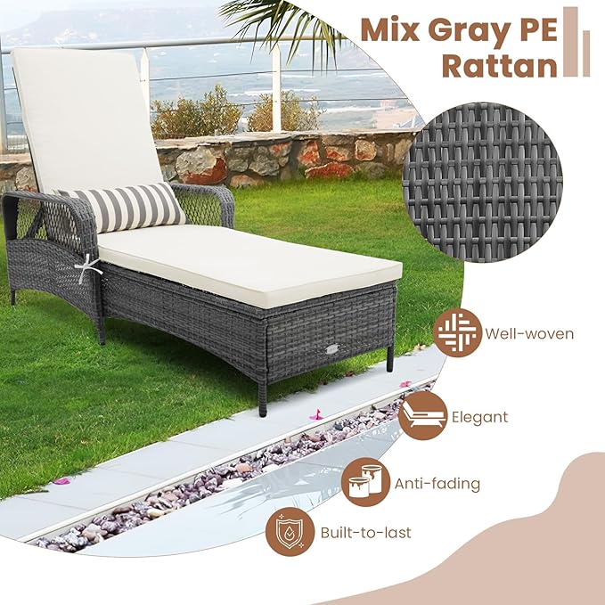 COSTWAY PE Rattan Chaise Lounge Chair, 6 Gear Adjustable Recliner - Image 5