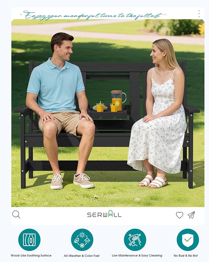 SERWALL Outdoor Bench with Cup Holder, All Weather Patio Benches with High - Image 9