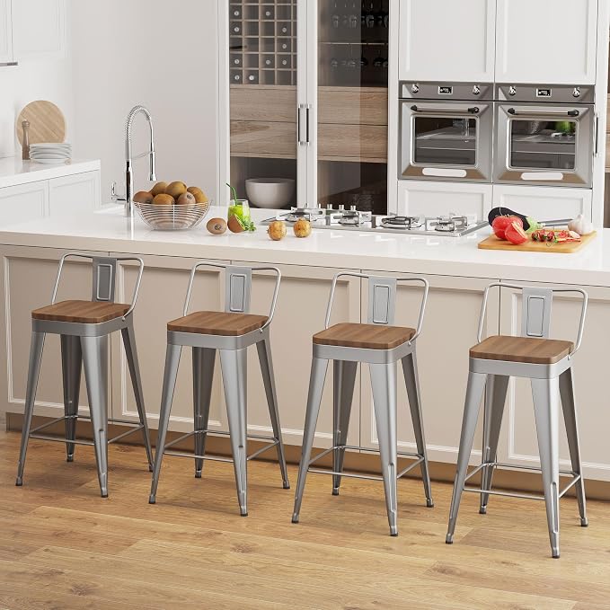 Bar Stools Set of 2 Metal Bar Stool Counter Height Bar Stools 24" Sliver Modern - Image 2