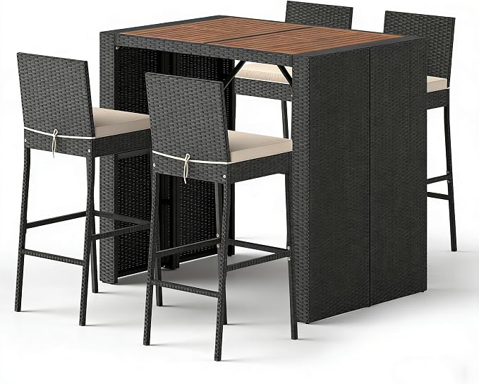 COSTWAY 5 Piece Patio Bar Set, Outdoor Rattan Wicker Bar Table and 30'' High - Image 7