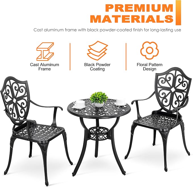 NUU GARDEN 3-Piece Outdoor Bistro Set, Round 24 Inch Cast Aluminum Bistro Table - Image 7