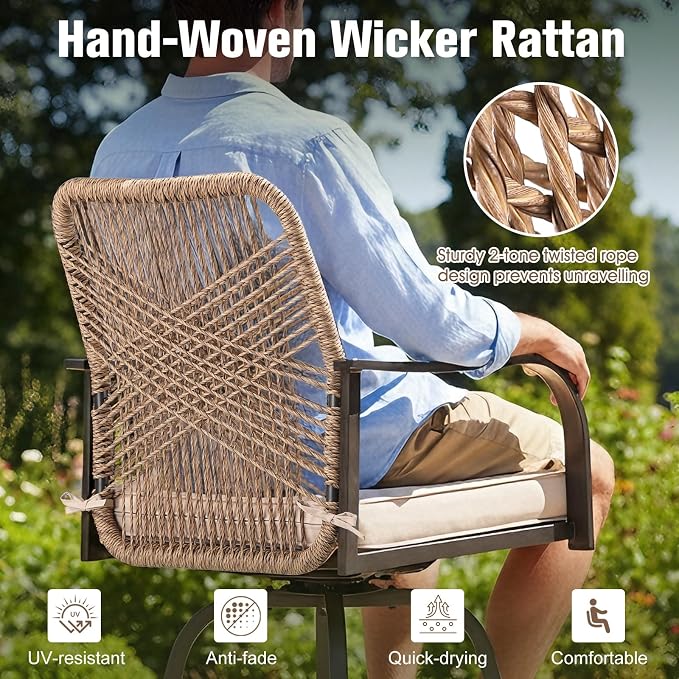 Outdoor Bar Stools Set of 6, 360° Swivel Metal Frame, Wicker Patio Bar Height - Image 5