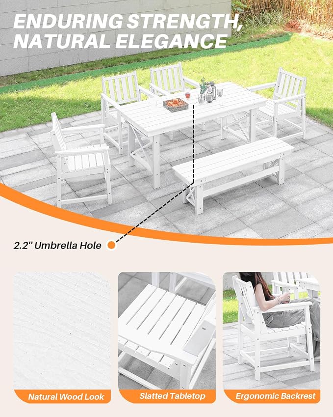 HDPE Outdoor Dining Set of 6, Patio Dining Table Set - Image 8