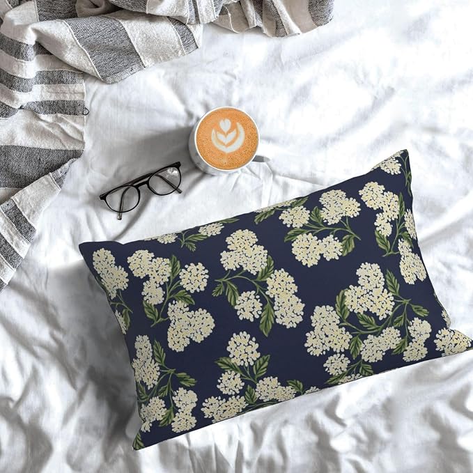 Navy Blue Spring Pillow Covers 12x20 Inch 2 Pcs Green Yellow Hydrangea Flower - Image 3