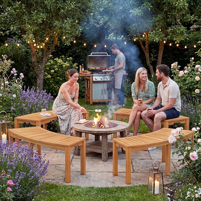 Tangkula Outdoor Curved Bench, Acacia Wood Fire Pit Bench w/Slatted Seat - Image 4